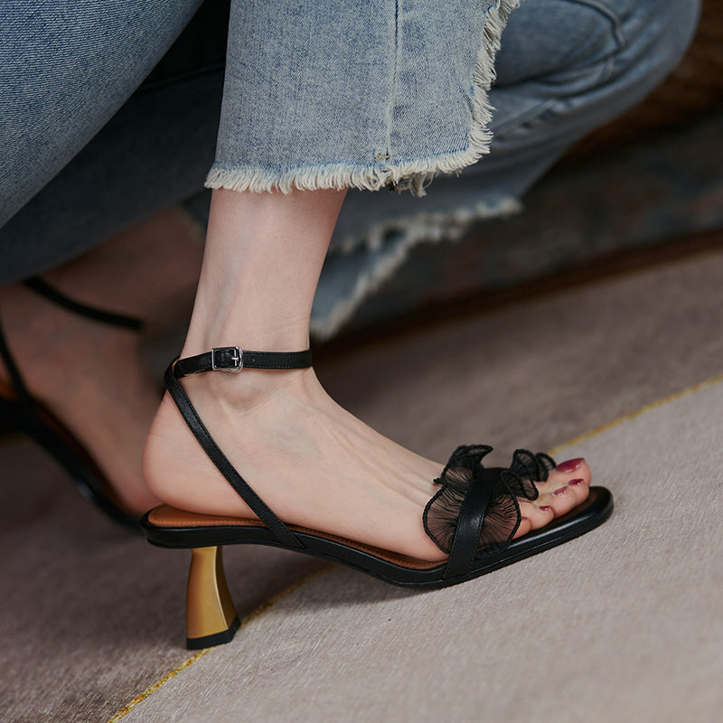 Elegant Square Toe High Heel Sandals with Genuine Leather & Unique Buckle