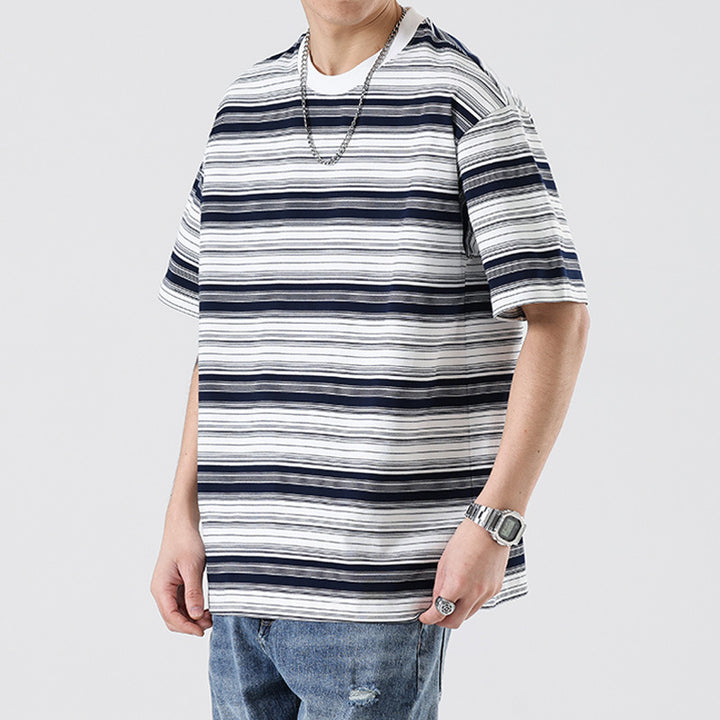 Retro Contrast Color Striped Teen T-shirt Men's Summer Basic All-matching