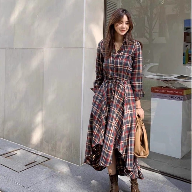 Long Temperament Long Sleeve Plaid Shirt Dress