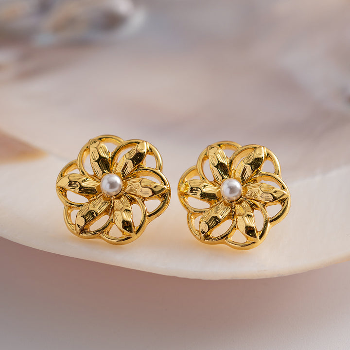 Gold Plated Stainless Steel Hollow Flower Stud Earrings - Waterproof, Vintage Style Jewelry for Women