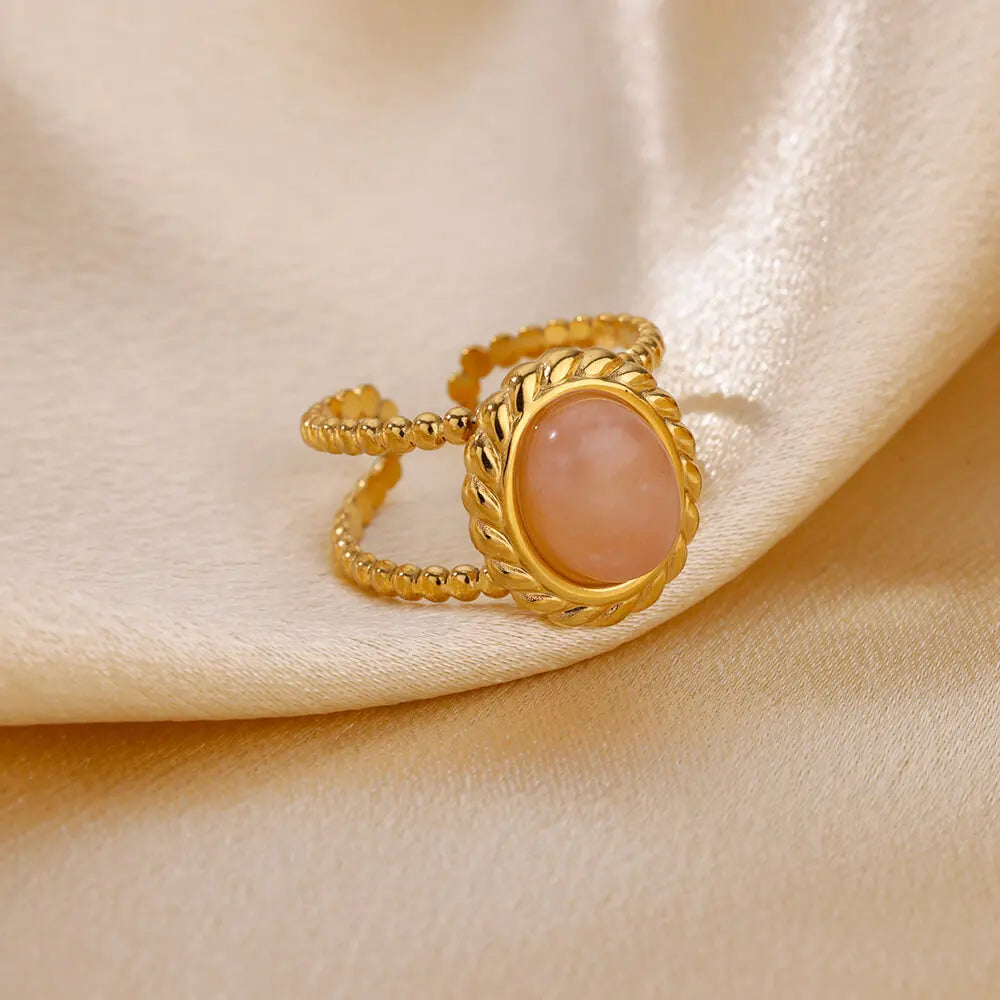 Natural White Opal Rings for Women - Gold Color Stainless Steel Classic Round Stone Couple Band