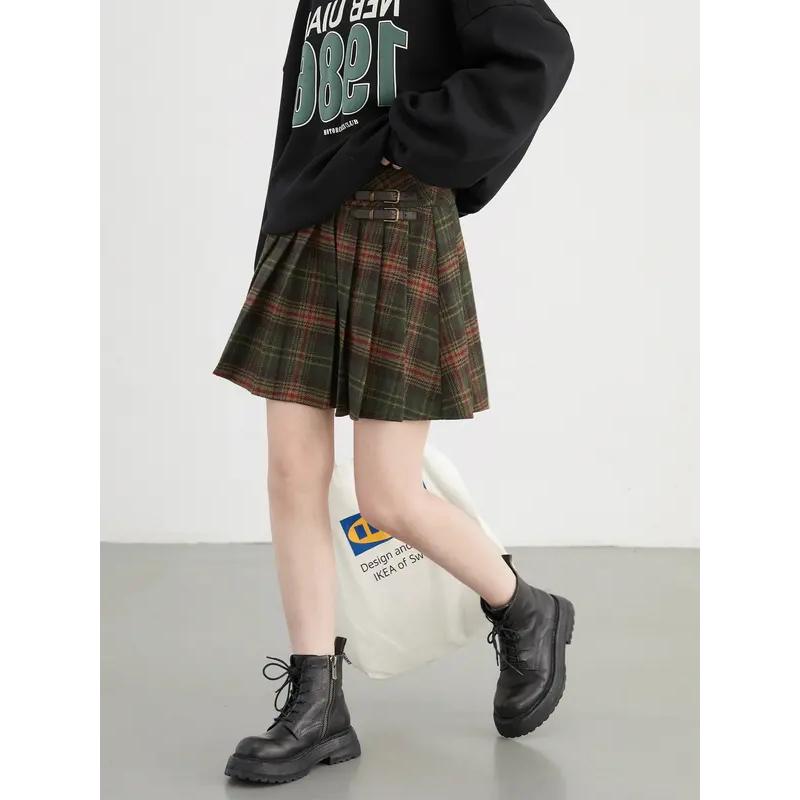 High Waist Wool Plaid A-line Pleated Skirt for Spring and Autumn