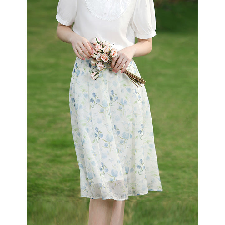 Summer Floral Chiffon Midi Skirt