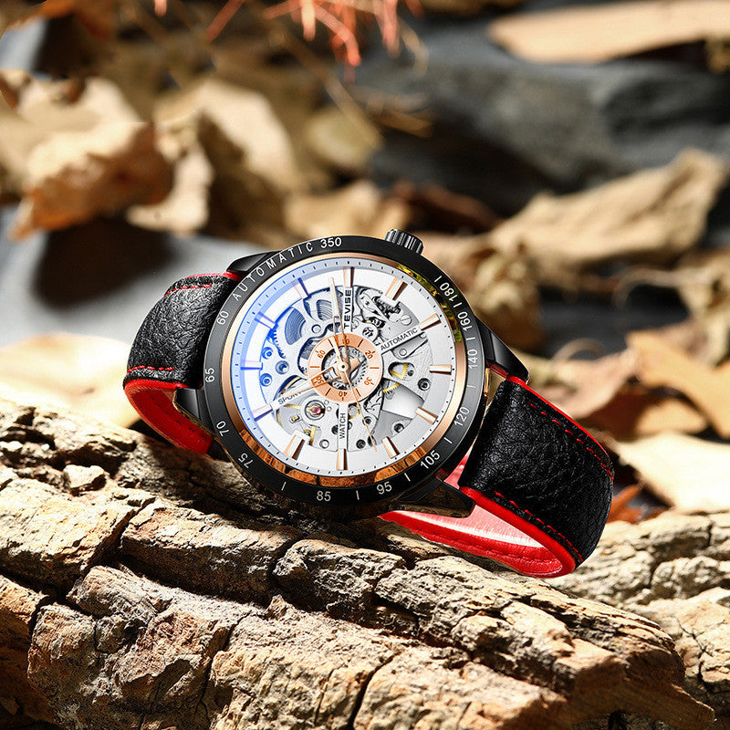 Men's Leather Hollow Mechanical Watch