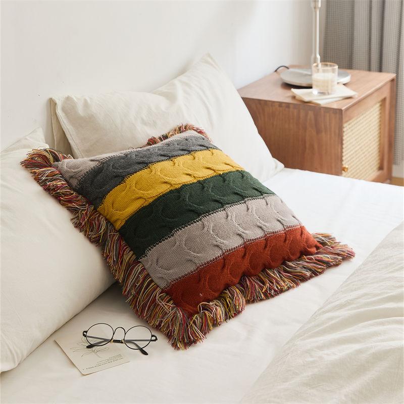 Boho Decorative Wool Knitted Fringed Pillow for Sofa and Bed