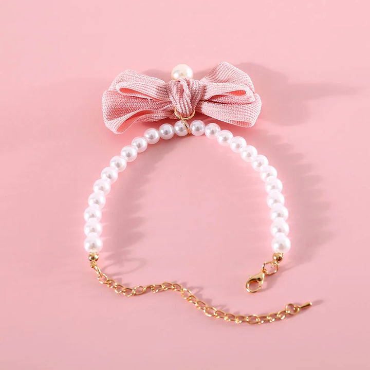 Elegant Pearl Cat & Small Dog Collar with Rhinestone Bow