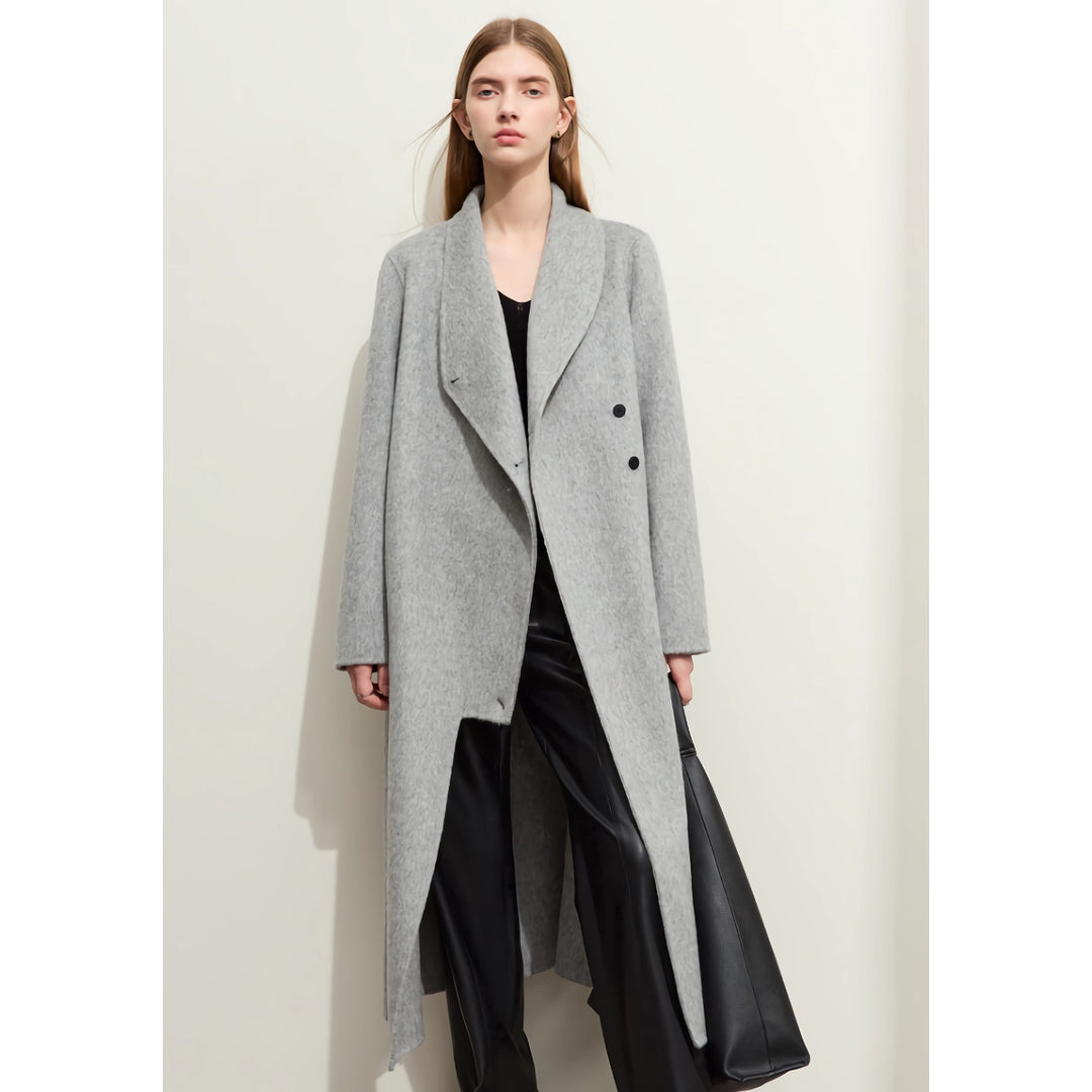 Minimalist Woolen Coat for Women with Stand Collar and Slit