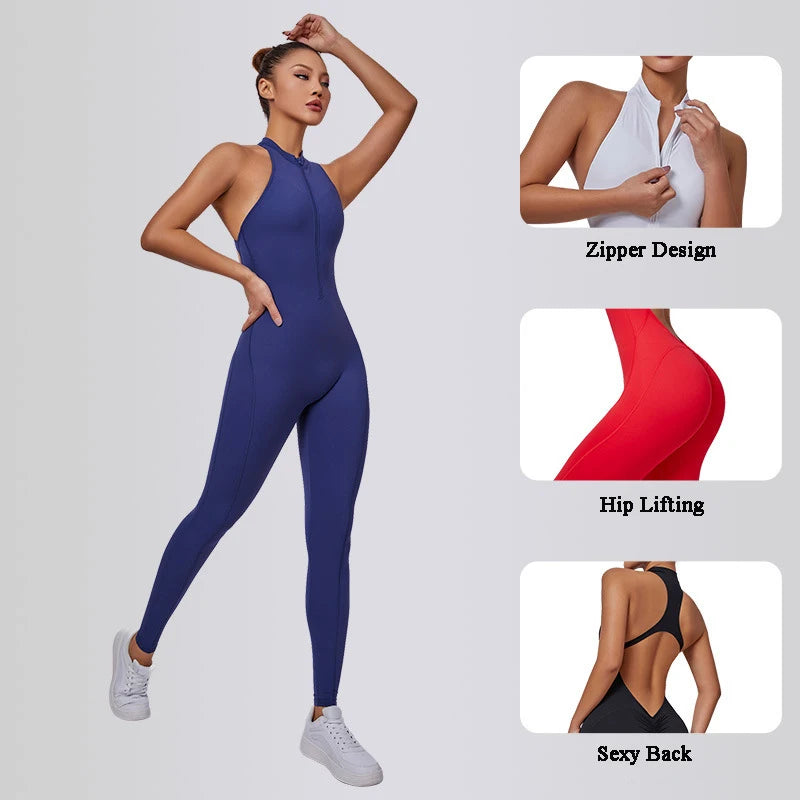 Women's Zipper Yoga Jumpsuit - Backless Sleeveless Bodysuit