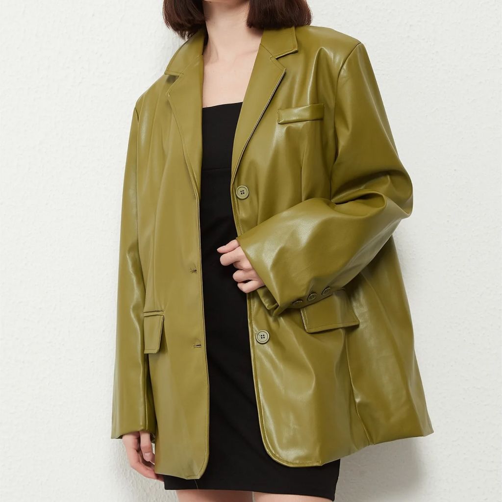 Leather Blazer Coat - Vintage Green Single Breasted