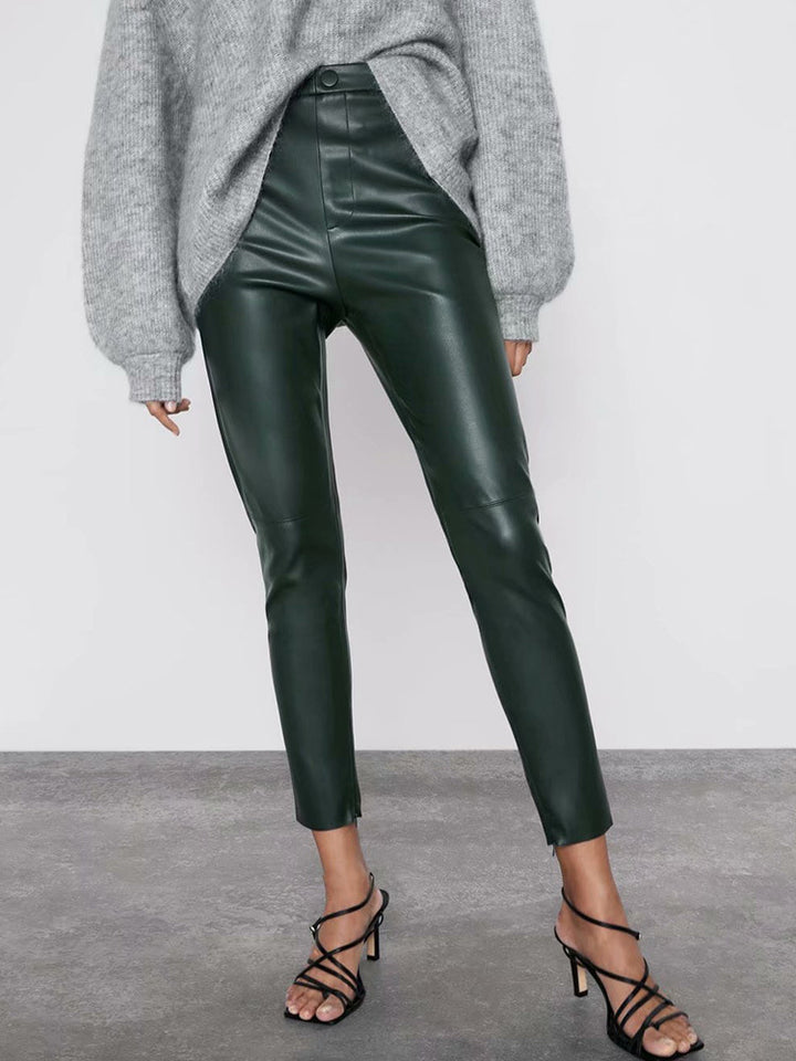 Women's split leg trousers all-match leather pants