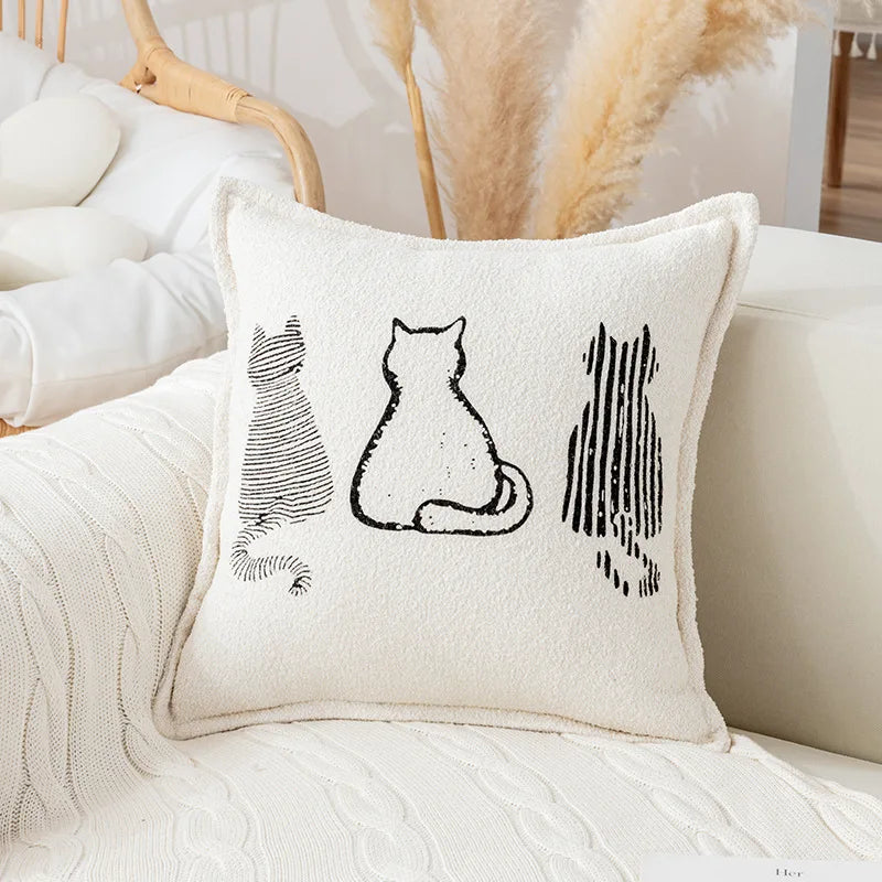 Nordic Cat Print Cushion Cover - Cute Plush Pillow Case for Autumn Home Decor