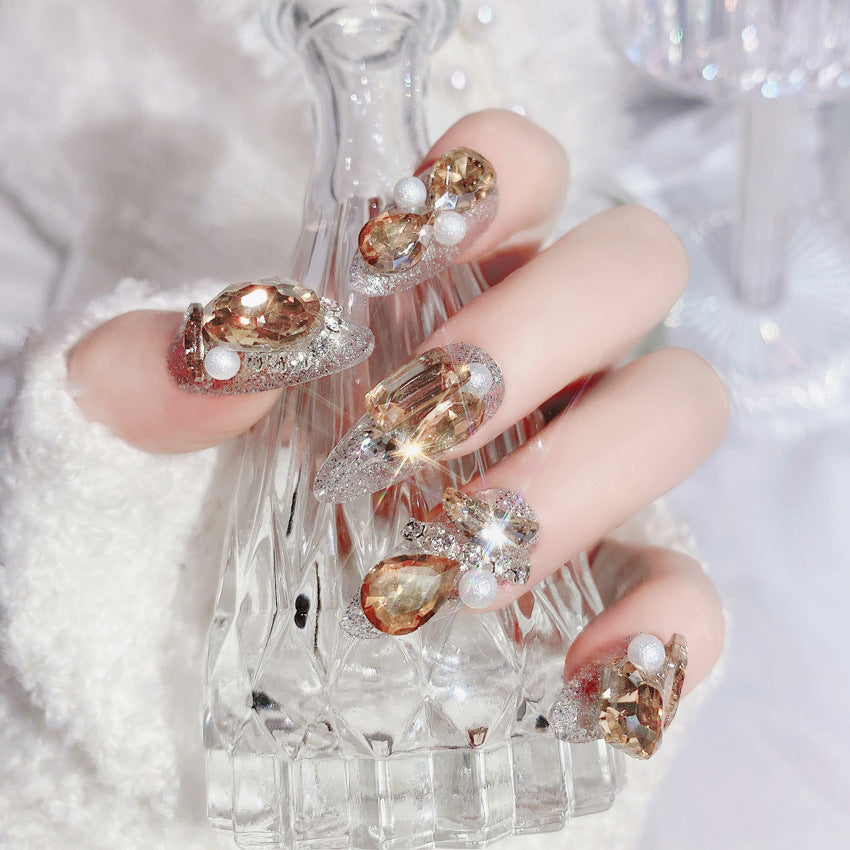 Luxury Glitter Crystal False Nails with Gold Rhinestone Decor