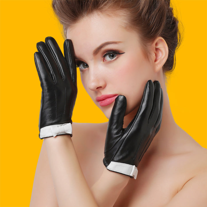 Leather Gloves Ladies Sheepskin Bow