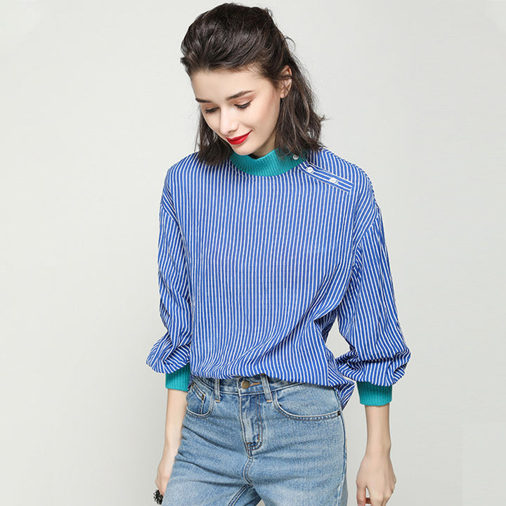 Striped Lantern Sleeve Ribbed Blouse