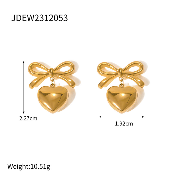 Smooth 18K Gold PVD Plated Bow Shaped Heart Pendant Earrings