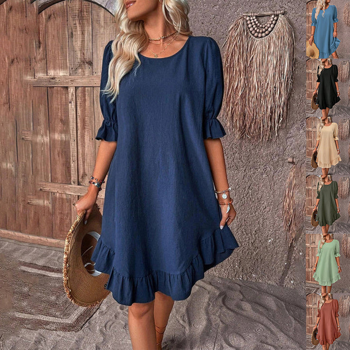 Fashion Ruffle Short-sleeved Dress Summer Solid Color Round Neck Loose Straight Dresses Womens Clothing