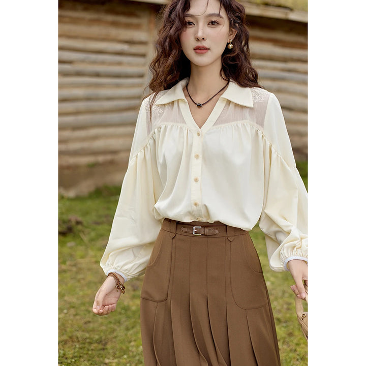 Bubble Sleeve V Neck Chiffon Embroidery Shirt for Women