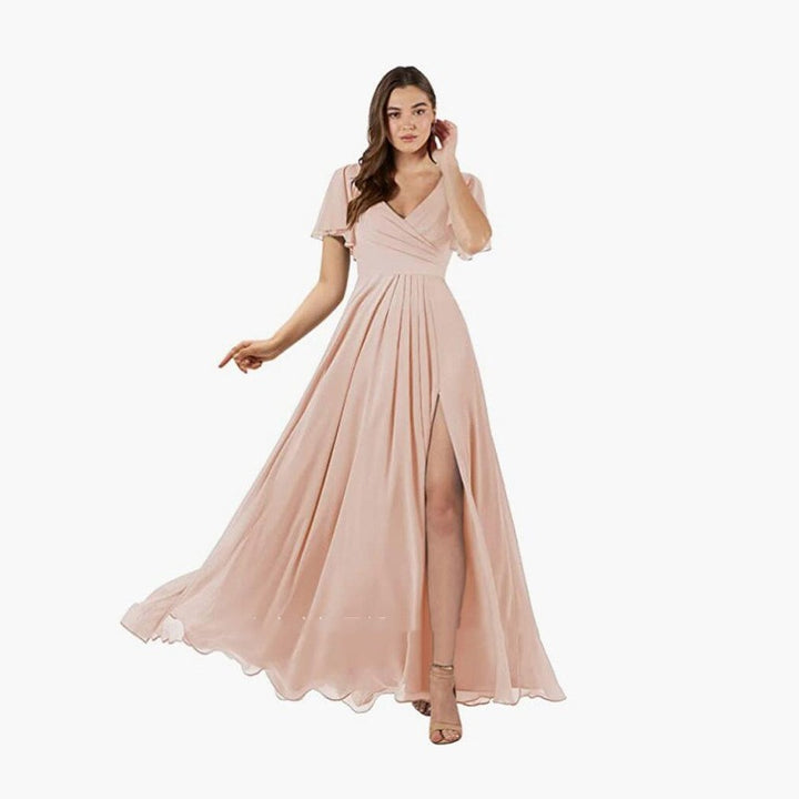 V-neck Butterfly Sleeve Bridesmaid Dress