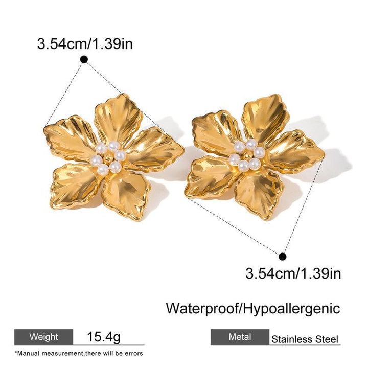 18k Gold Plated Vintage Flower Textured Stainless Steel Statement Earrings