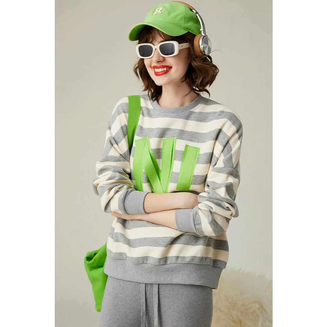 Striped Letter Print Sequin Embroidered Sweatshirt