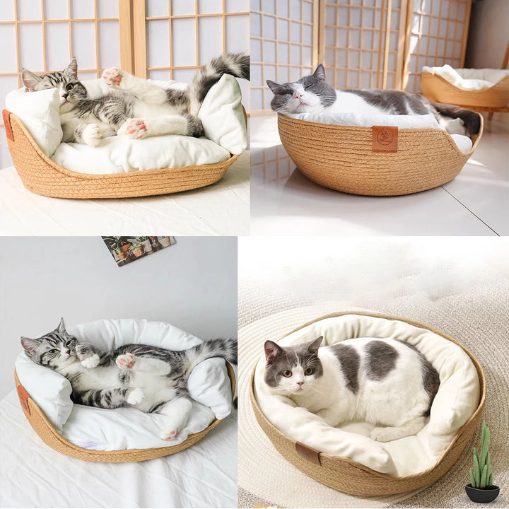 Handmade Bamboo Pet Bed with Removable Cushion – Cozy Cat and Dog Nest