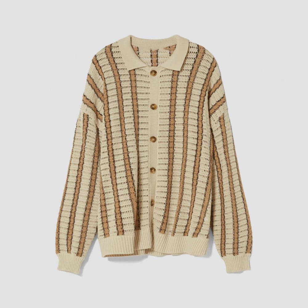 Luxury Striped Knit Polo Neck Cardigan