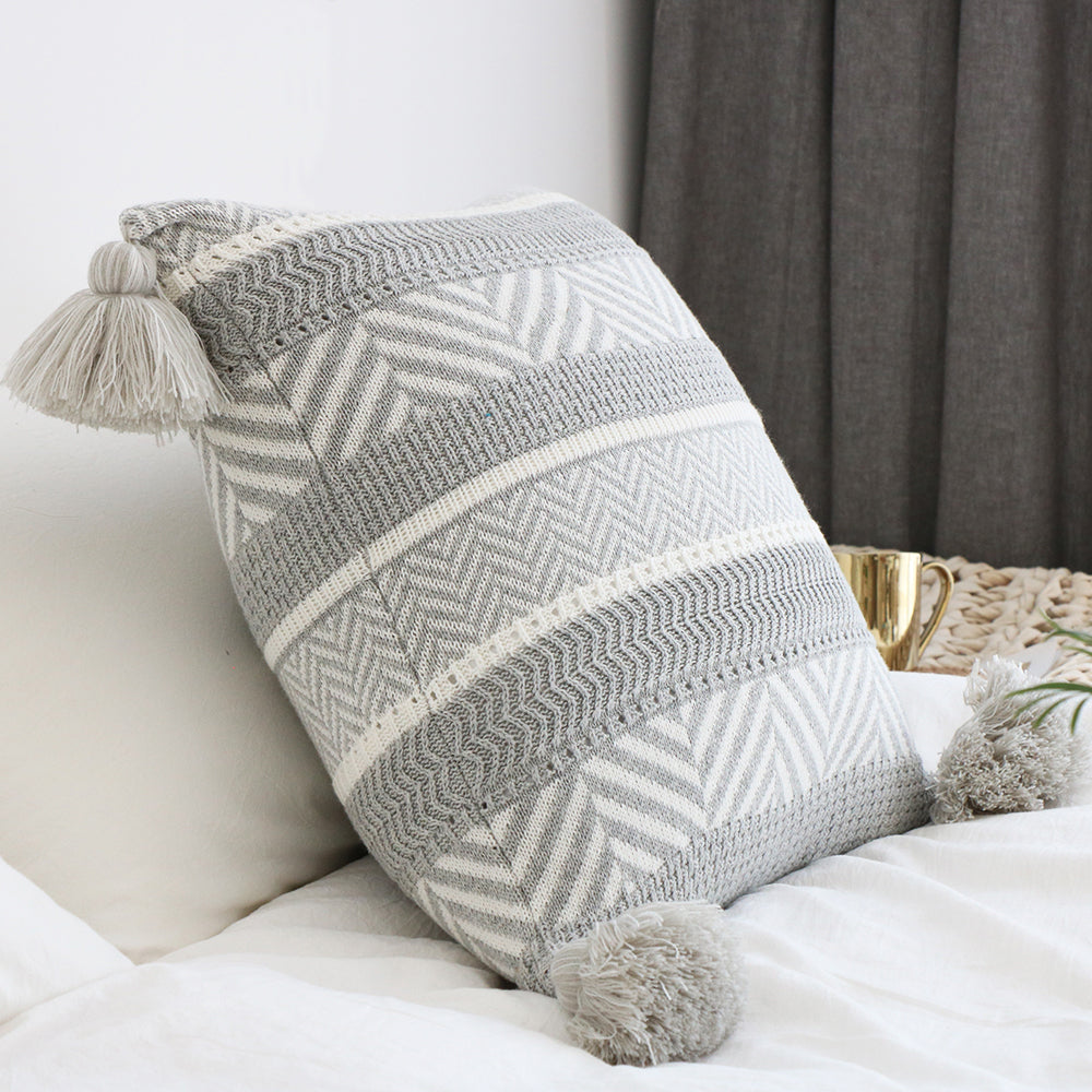 Nordic Knitted Gray Stripe Pillow Cover with Tassel Design