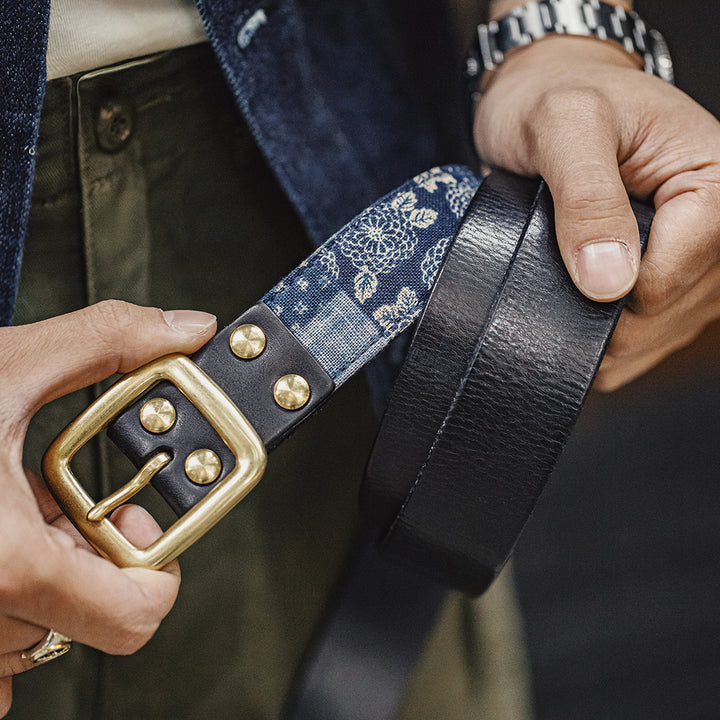 Vintage Cowhide Printed Boro Style Belt with Pin Buckle for Men