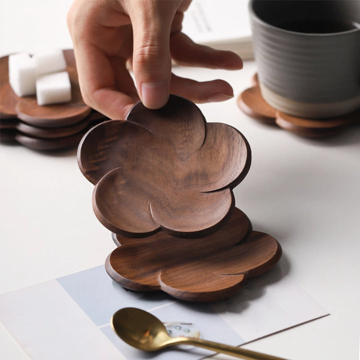 Japanese Style Walnut Wood Flower Coasters