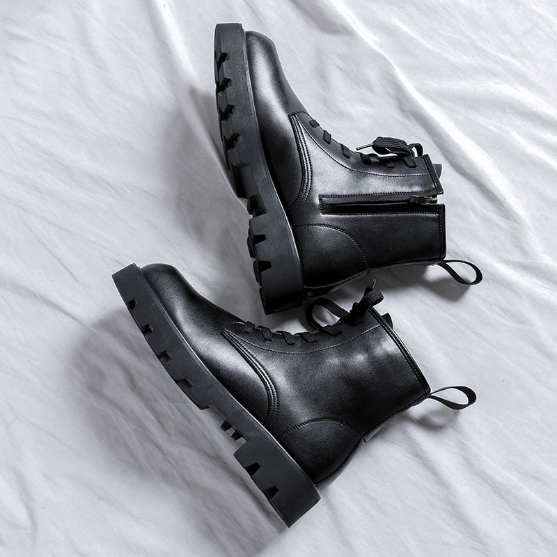 Korean Platform Black Leather Ankle Boots with Zipper