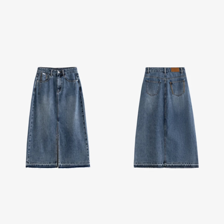 High Waist Open Split Pocket Denim Skirt