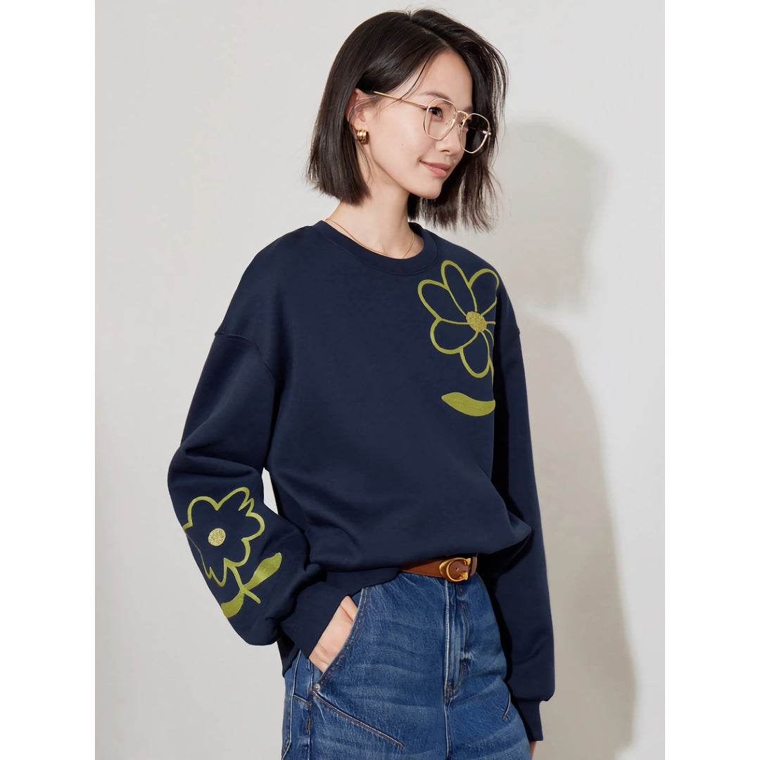 Women’s Floral Round Neck Pullover - Cozy Fleece Sweatshirt