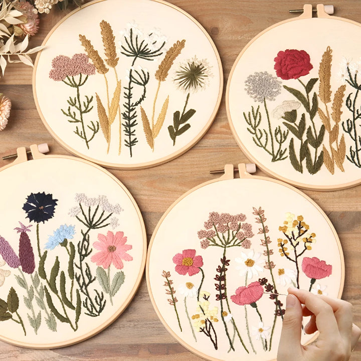 Beginner Floral Embroidery Kit with Cross Stitch Patterns