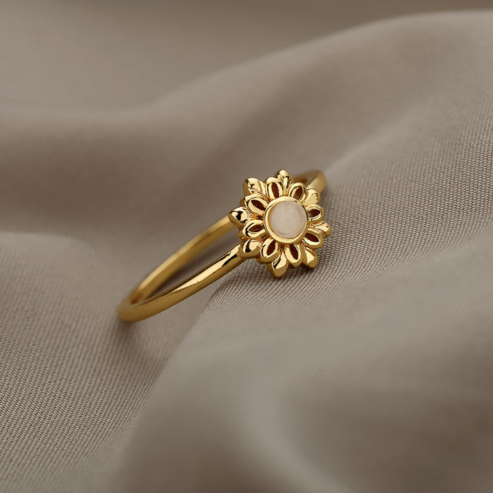 Opal Gemstone and Pearl Vintage Lotus Flower Ring in Stainless Steel