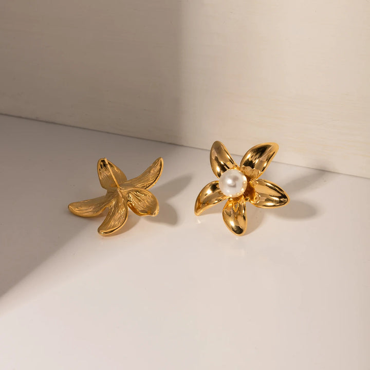 18K Gold Flower Shaped Stainless Steel Earrings with Pearl Inlay