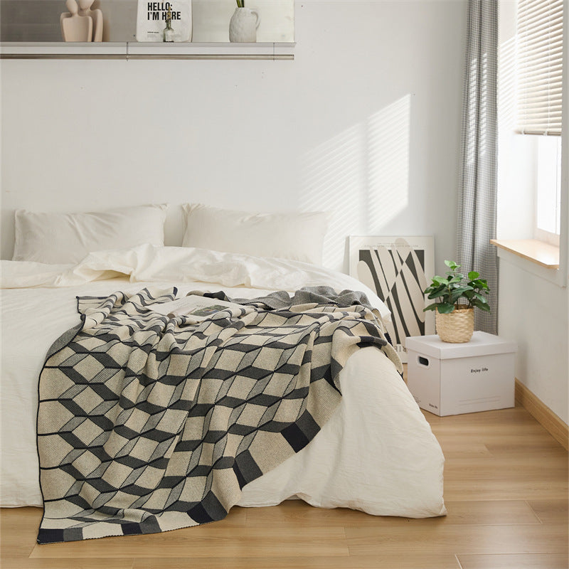 3D Cube Cotton Knitted Plaid Blanket - Delicate Nordic Bedspread