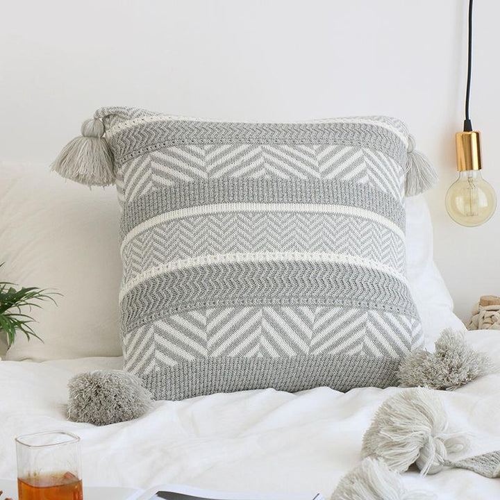 Nordic Knitted Gray Stripe Pillow Cover with Tassel Design