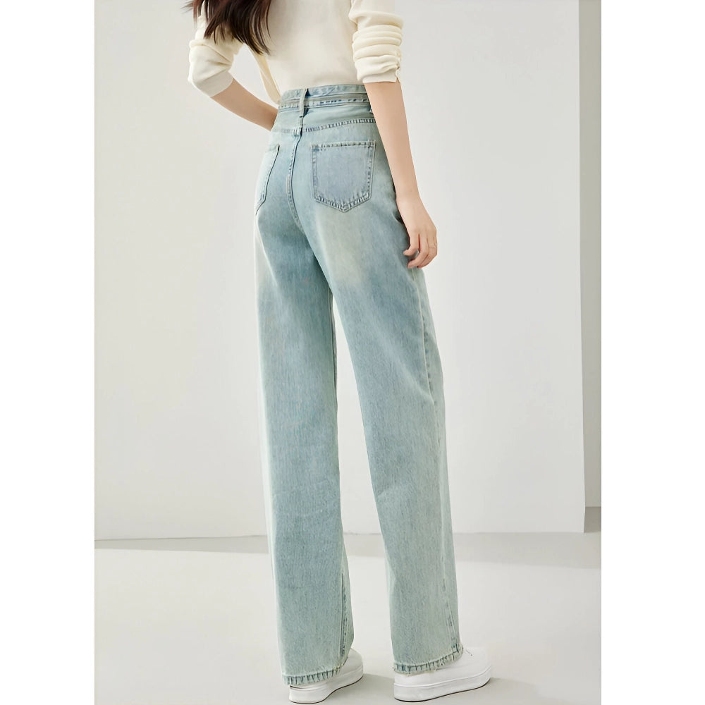 High Waist Wide Leg Denim Pants for Women - Retro Light Blue Casual Trousers