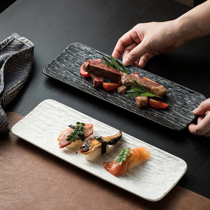 12-Inch Rectangular Black and White Ceramic Plate