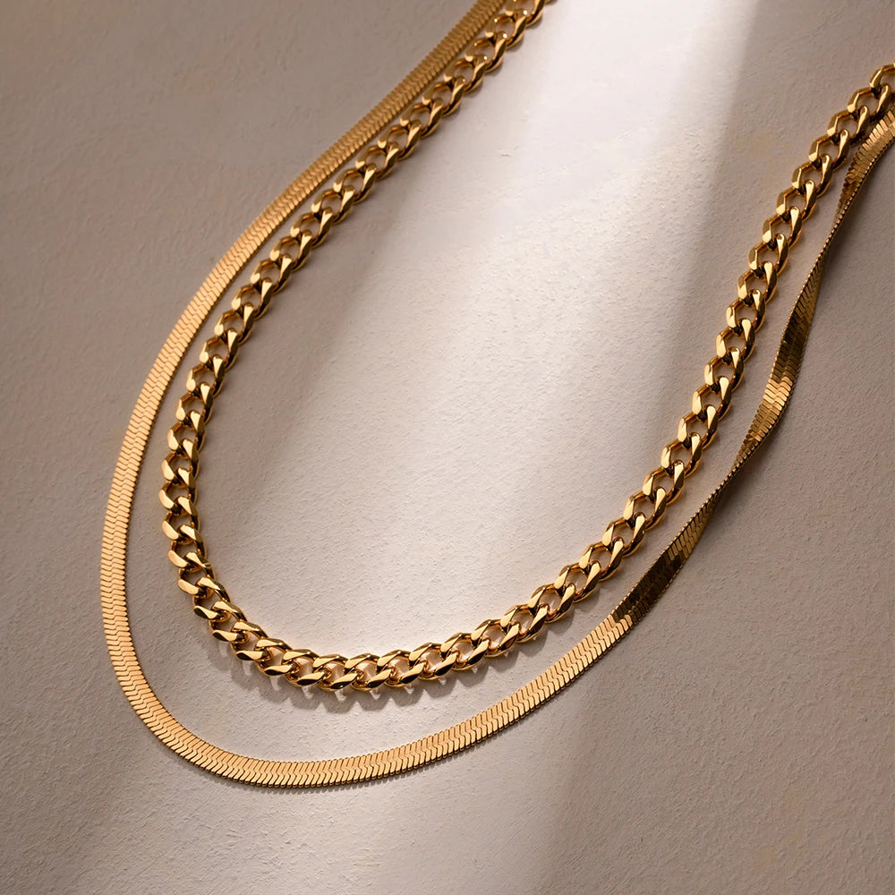 18K Gold Plated Stainless Steel Double Layer Cuban Chain Necklace