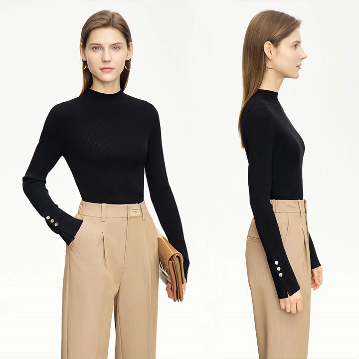 Minimalist Mock Neck Sweater with Slit Cuffs and Metal Buckle