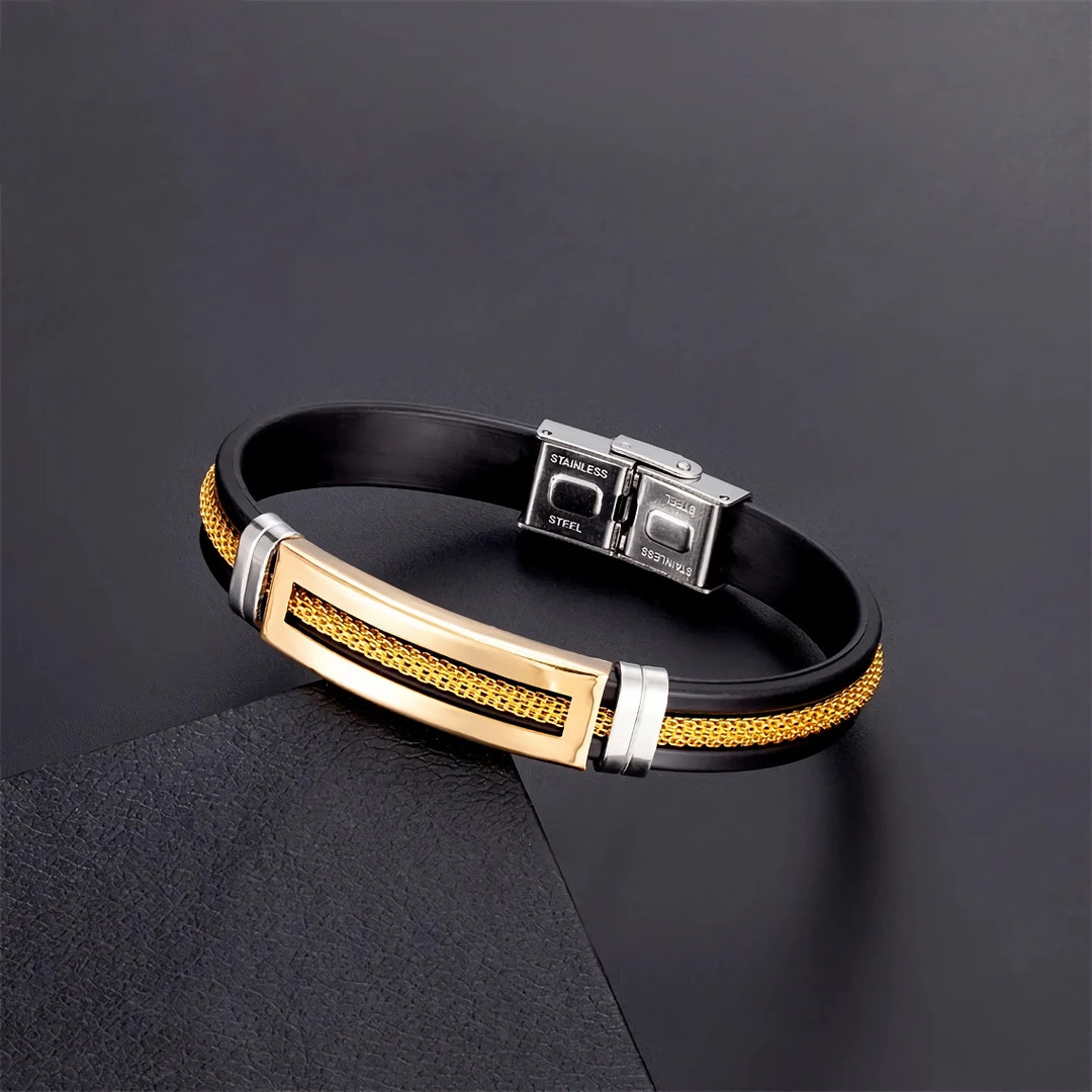 Men's Stainless Steel and Silicone Bracelet with Golden Chain