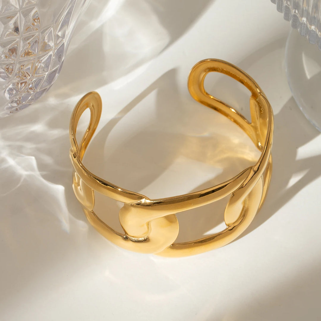 Gold Plated Stainless Steel Wide Open Oval Cuff Bracelet