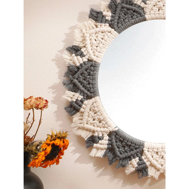 Boho Macrame Decorative Mirror - Black and Gray Round Wall Decor