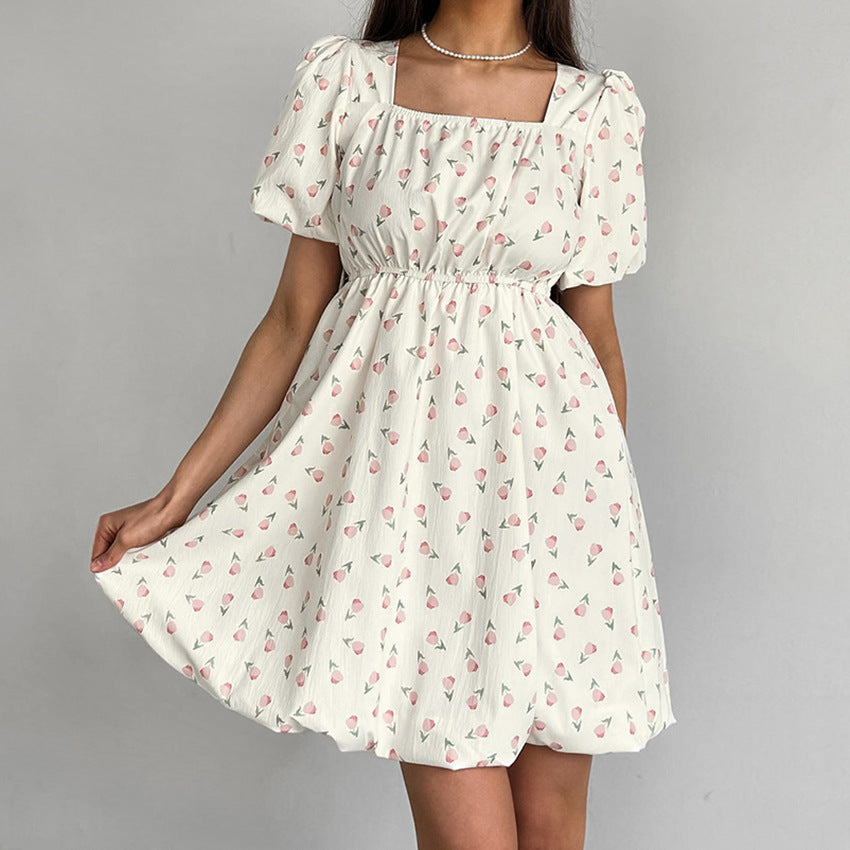 French Elegant Floral Puff Sleeve Dress