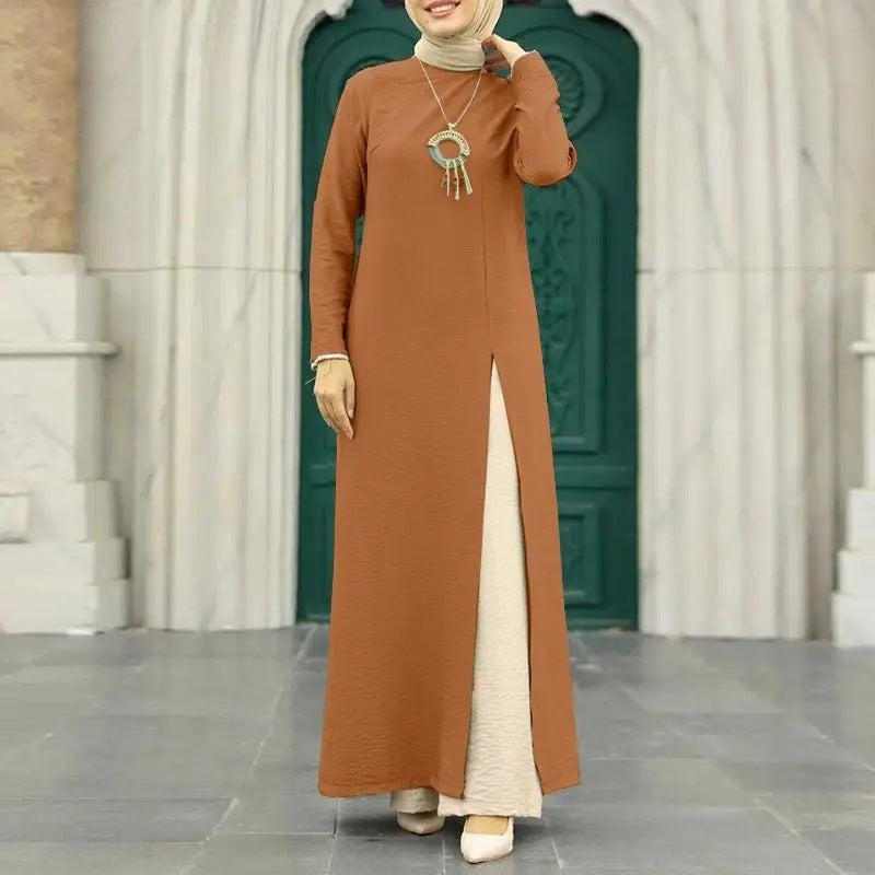 Muslim Women's Wear Ice Silk Wrinkle Long Sleeve High Slit Hem Dress