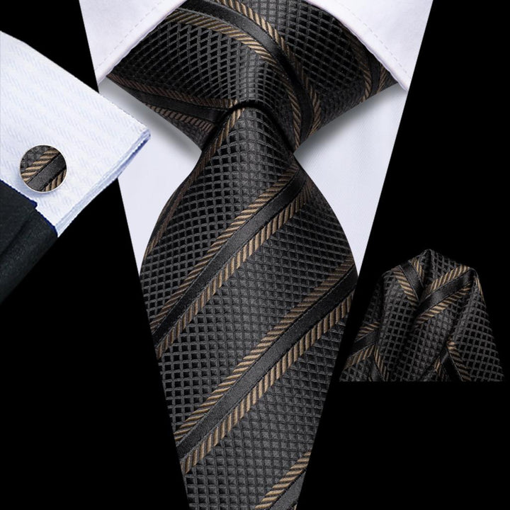 Black Brown Striped Necktie Set with Handkerchief and Cufflinks