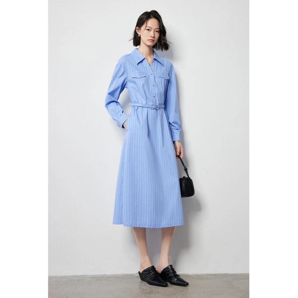 Women's Autumn Blue and White Striped A-Line Shirt Dress