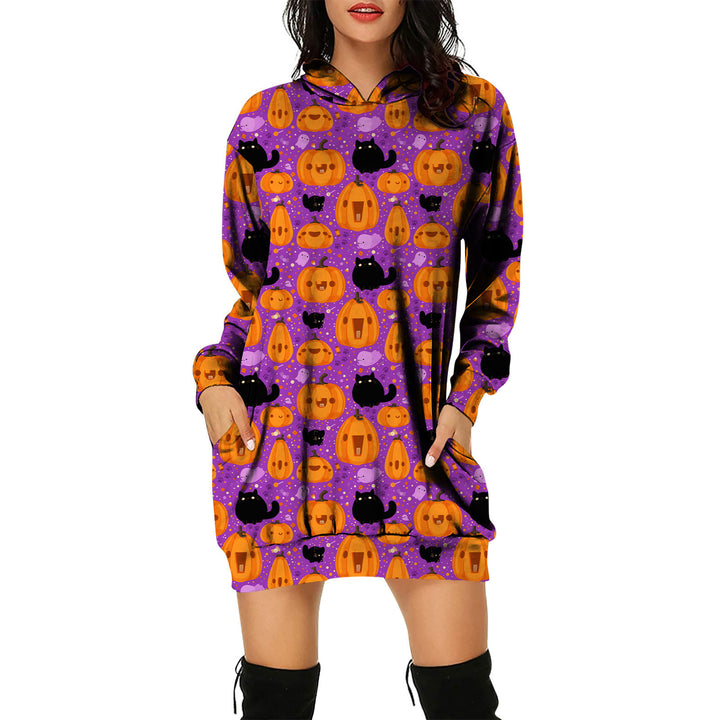 Halloween Theme Women's Pullover Hooded Sweater Dress