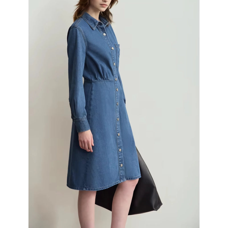 Denim Shirt Dress with Lapel Collar and Letter Embossing